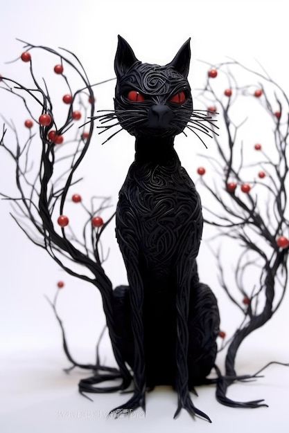 Czarny kot z czerwonymi oczami siedzi na drzewie z gałęziami i gałęziami