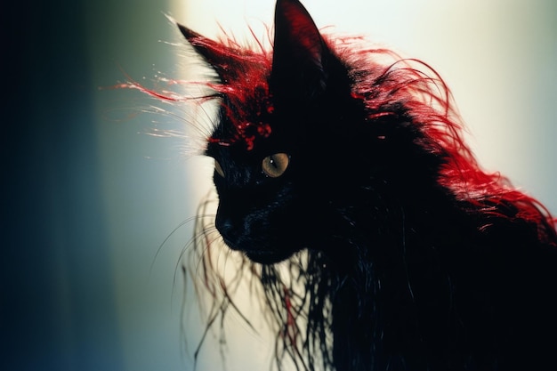 czarny kot z czerwonymi włosami stojący przed oknem