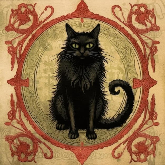 czarny kot z długim ogonem siedzi w czerwonej i złota ramie.