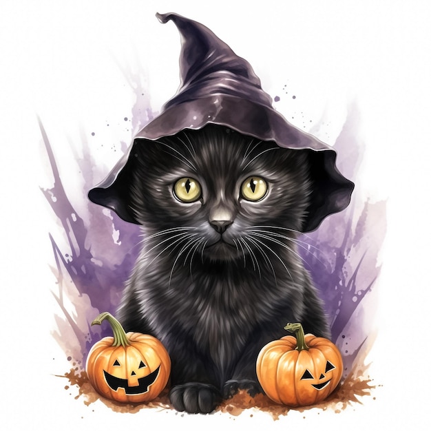 Czarny kot z dynią Halloween izolowany na białym tle Ilustracja wektora