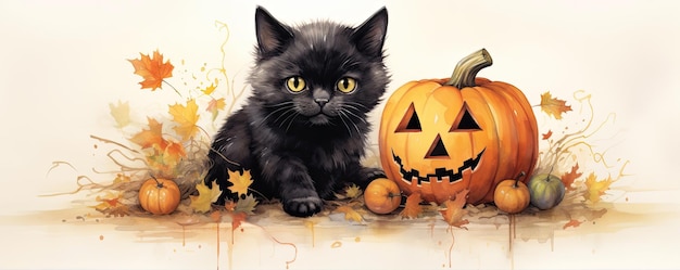 Czarny kot z dyniami w czasie halloween ilustrowany obraz