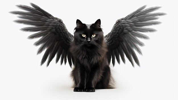 Czarny kot z skrzydłami na białym tle