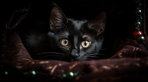 Czarny kot z żółtymi oczami leży na ciemnym tle