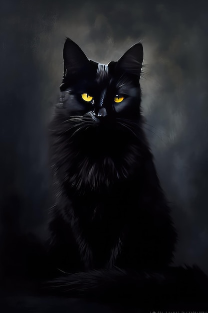 Czarny kot z żółtymi oczami siedzi na ciemnym tle