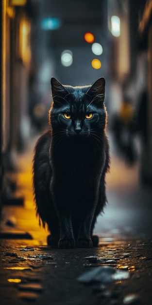 Czarny kot z żółtymi oczami stoi na ciemnej ulicy.