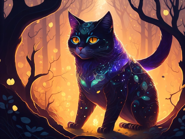 Czarny kot z żółtymi oczami stoi w lesie.