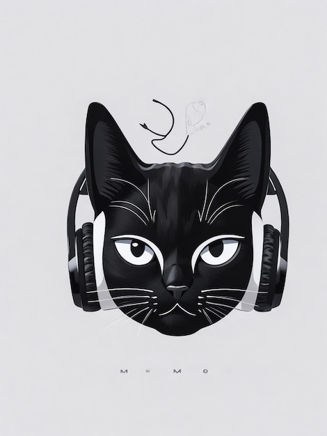 Zdjęcie czarny kot ze słuchawkami głowa kota uwielbia koncepcję muzyczną