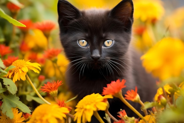 czarny kotek stoi na polu kwiatów