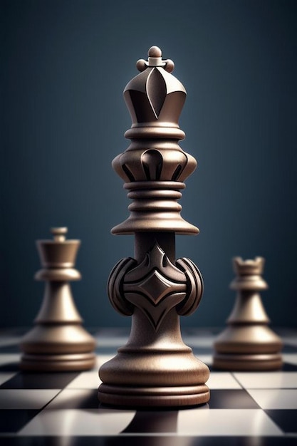 Czarny król zwycięzca otoczony czarnymi złotymi figurkami szachowymi na szachownicy.