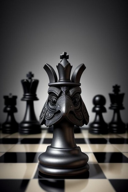 Zdjęcie czarny król zwycięzca otoczony czarnymi złotymi figurkami szachowymi na szachownicy.