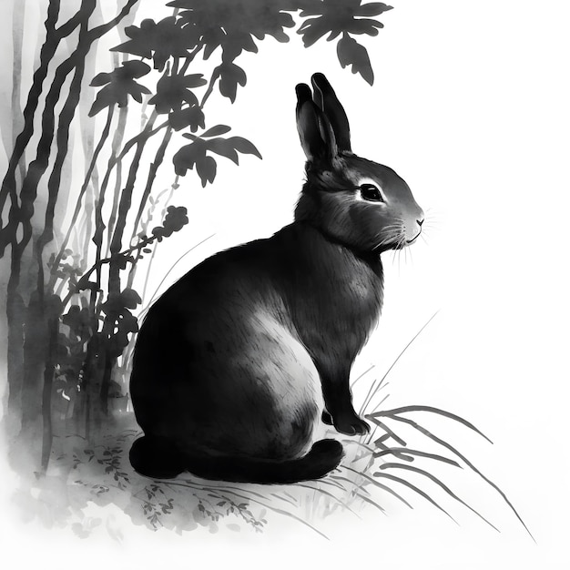 Czarny królik akwarel chiński orientalny znak zodiaku atrament Sumi tradycyjna ilustracja Generatywna sztuczna inteligencja