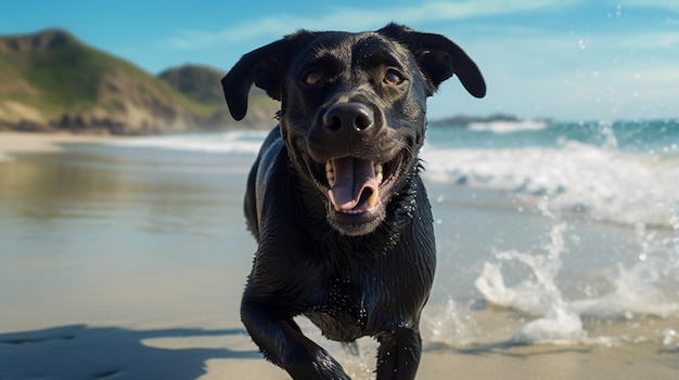 Czarny labrador retriever biegający tapeta na plaży oceanicznej AI Wygenerowana grafika