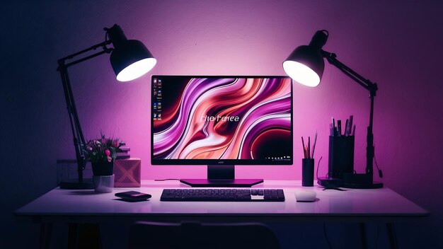 Czarny laptop z różowo-fioletowym wyświetlaczem