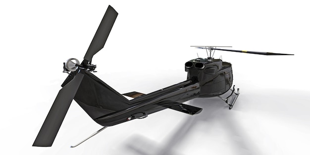 Czarny mały wojskowy helikopter transportowy na na białym tle. Służba ratownictwa śmigłowcowego. Taksówka powietrzna. Helikopter dla policji, straży pożarnej, pogotowia ratunkowego i ratownictwa. ilustracja 3D.