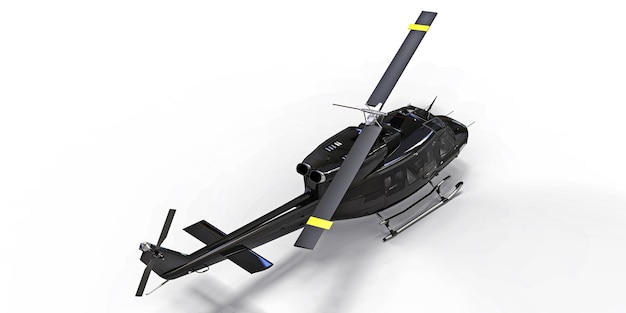Czarny mały wojskowy helikopter transportowy na na białym tle. Służba ratownictwa śmigłowcowego. Taksówka powietrzna. Helikopter dla policji, straży pożarnej, pogotowia ratunkowego i ratownictwa. ilustracja 3D.