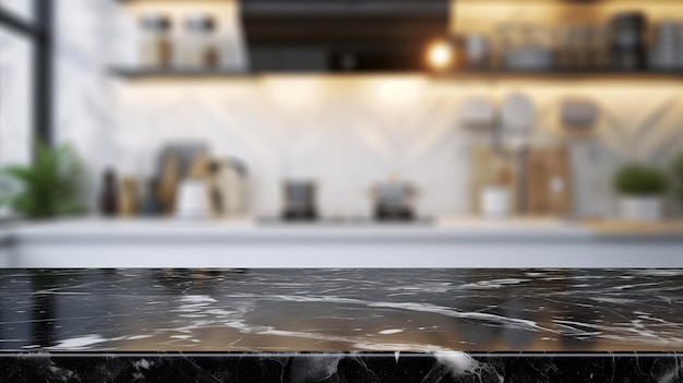 Czarny marmurowy stół na niewyraźnym nowoczesnym kuchni tle mock up