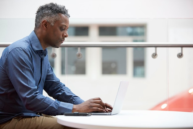Czarny mężczyzna w średnim wieku za pomocą laptopa z bliska widok z boku