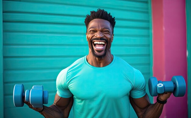 czarny mężczyzna z hantlami uśmiechający się na świeżym powietrzu w stylu jasnego błękitnego i szmaragdu