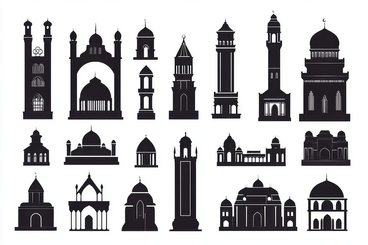 Zdjęcie czarny minaret i kopuła icon set vector silhouette design izolowany na białym tle