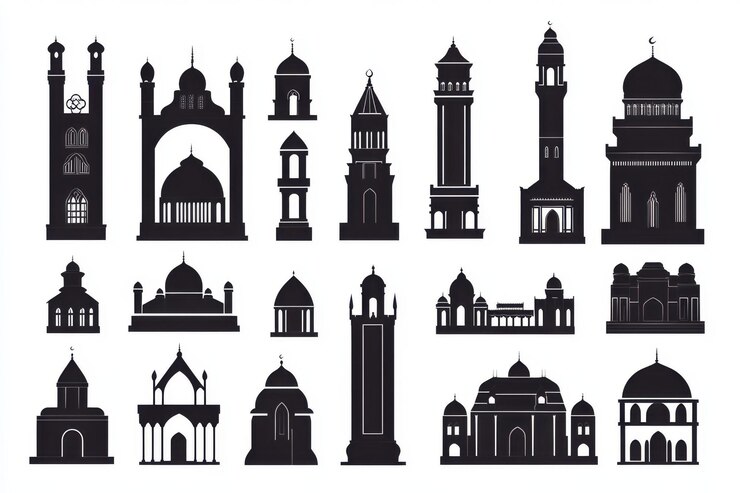 Zdjęcie czarny minaret i kopuła icon set vector silhouette design izolowany na białym tle