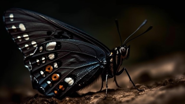 Czarny motyl w białe i pomarańczowe kropki siedzi na kłodzie.