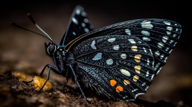 Czarny motyl z pomarańczowymi i niebieskimi oznaczeniami siedzi na kawałku drewna.