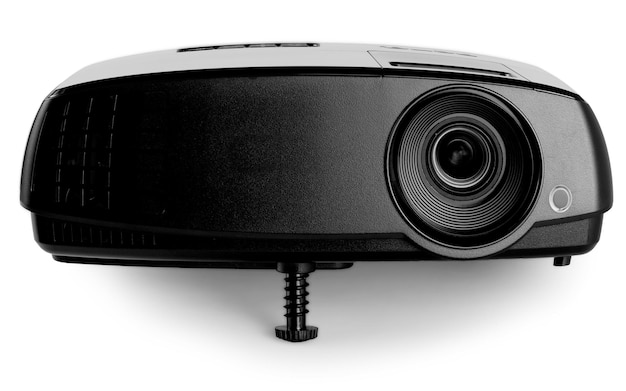 Zdjęcie czarny niebieski projektor multimedialny na białym tle