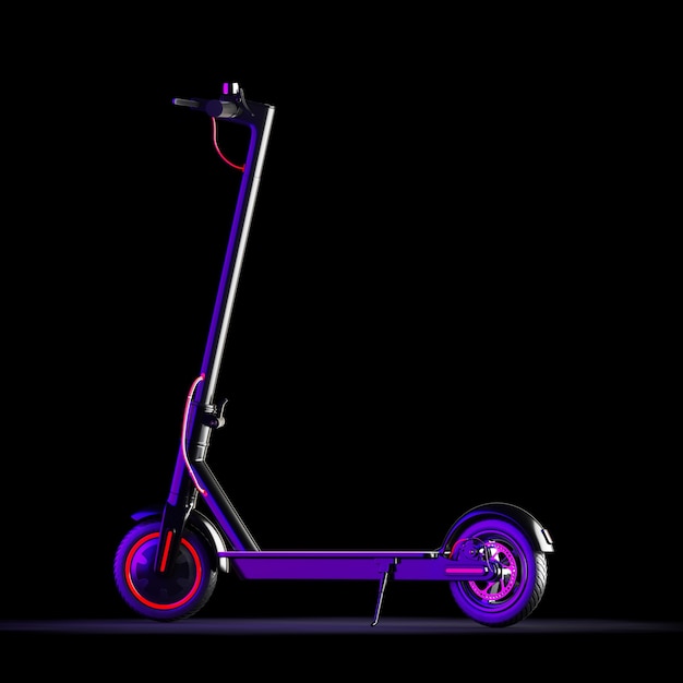 Czarny nowoczesny Eco elektryczny hulajnoga na czarnym tle. Renderowanie 3D