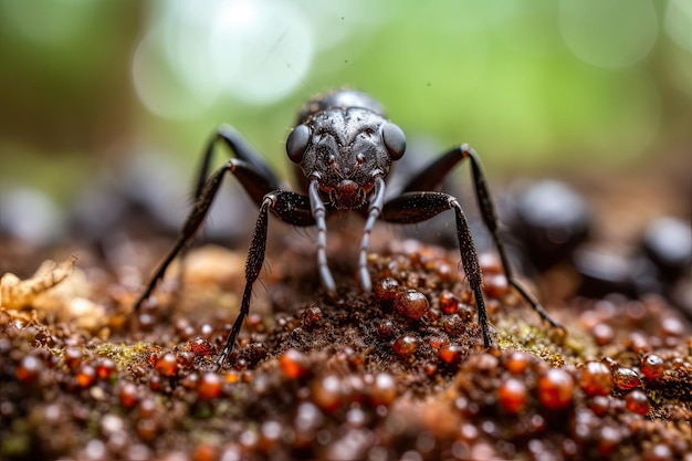 Czarny pająk z czerwonymi oczami chodzący po drzewie Generative Ai