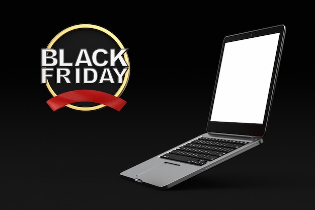 Czarny Piątek Sprzedaż Transparent W Pobliżu Laptopa Z Pustego Ekranu Jako Szablon Projektu Na Czarnym Tle. Renderowanie 3d