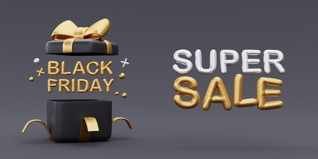 Czarny piątek Super wyprzedaż z pudełkami prezentowymi Promocja świąteczna i szczęśliwego nowego roku renderowanie 3d
