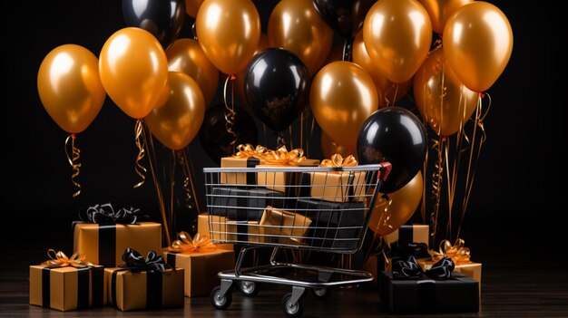 Czarny Piątek Wózki na zakupy i złoty balon i pudełko na prezenty na czarnym tle