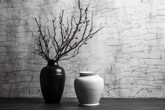 Zdjęcie czarny piedestał z białym wazonem ceramicznym z suchymi gałęziami na białym murze z cegły
