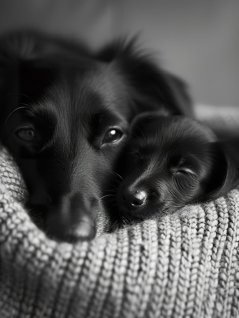 Czarny pies i szczeniak przytulają się z zadowoleniem Rodzic i szczeniaki dzielą się czułym momentem w czarno-białym xA