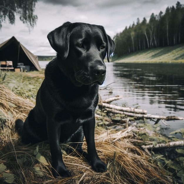 czarny pies labrador siedzący na trawie w pobliżu namiotu