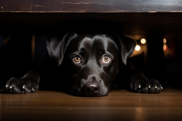 Zdjęcie czarny pies pod stołem domowe zwierzę generate ai