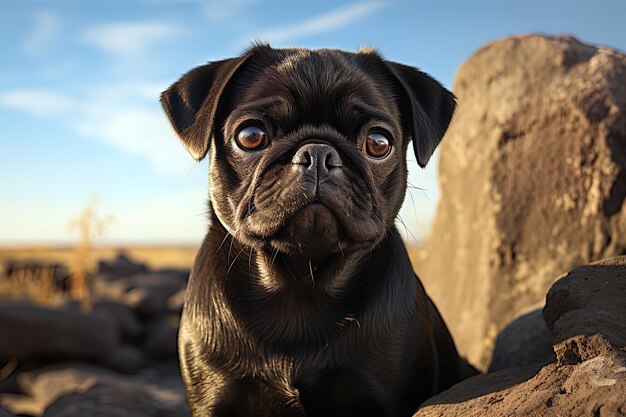 czarny pies Pug siedzi na skale z niebieskim tłem