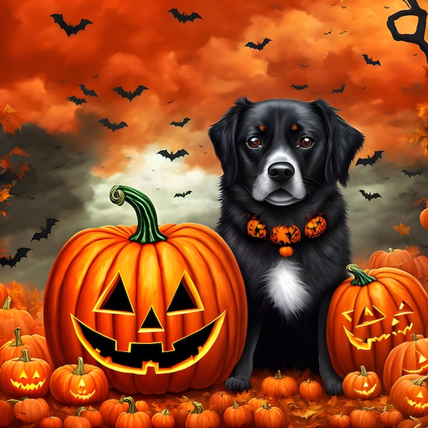 Czarny pies z latarnią dyniową na Halloween