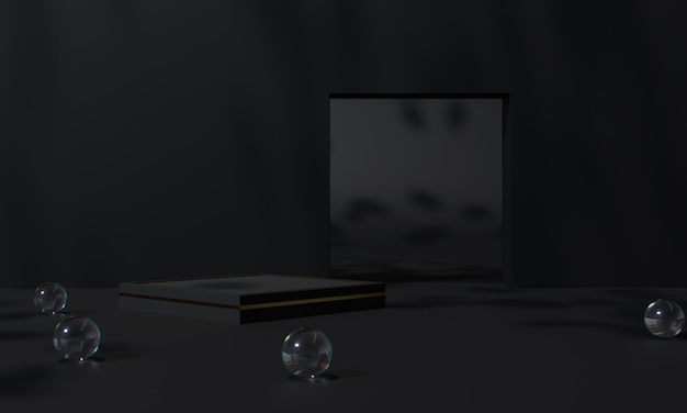 Zdjęcie czarny podium i stojak na czarnym tle lub cokół na podium na wyświetlaczu reklamowym z pustym tłem renderowanie 3d