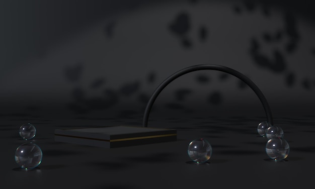Czarny podium i stojak na czarnym tle lub cokół na podium na wyświetlaczu reklamowym z pustym tłem Renderowanie 3D