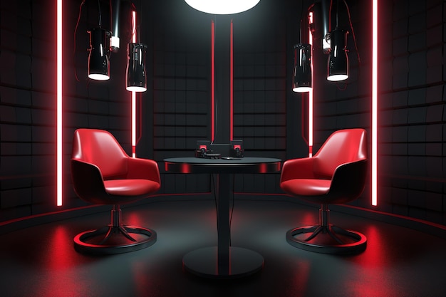 Czarny pokój z czerwonym krzesłem i czarnym stołem z dwoma czerwonymi krzesłami.