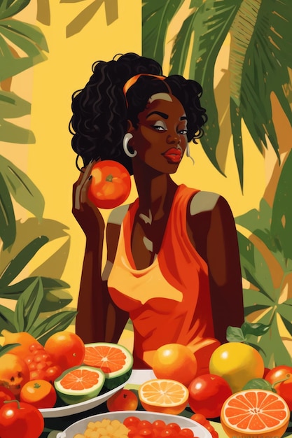 Czarny portret kobiety z ilustracji fantasy owoców tropikalnych