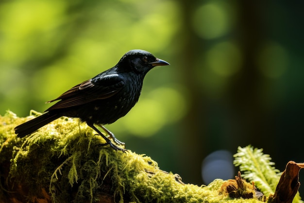 czarny ptak siedzący na szczycie pokrytej mchem gałęzi