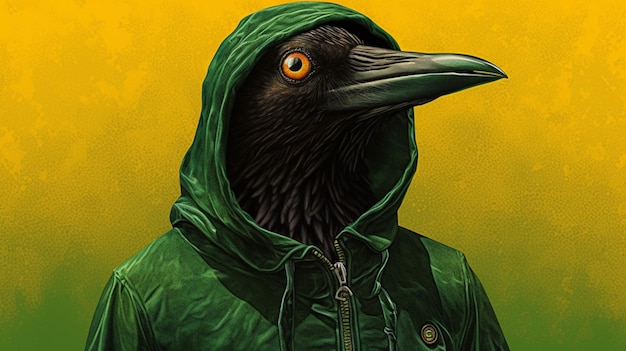 Czarny ptak w kapturze z zielonym plecakiem