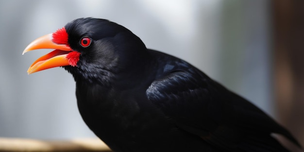 Czarny ptak z czerwonymi oczami siedzi na żerdzi.
