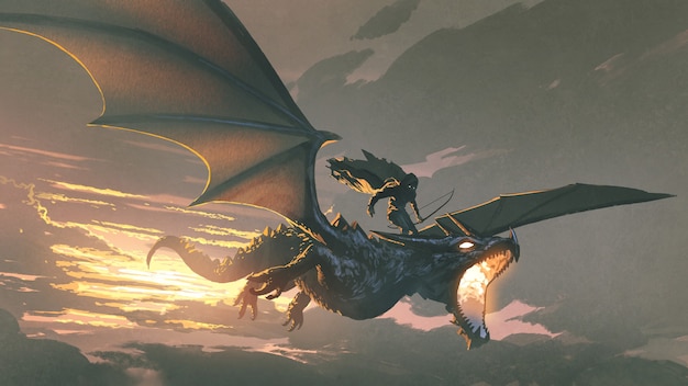 czarny rycerz lecący na smoku latającym na niebie o zachodzie słońca, cyfrowy styl artystyczny, malarstwo ilustracyjne