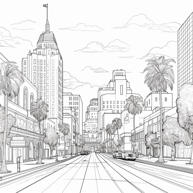 Czarny rysunek Hollywood City do kolorowania