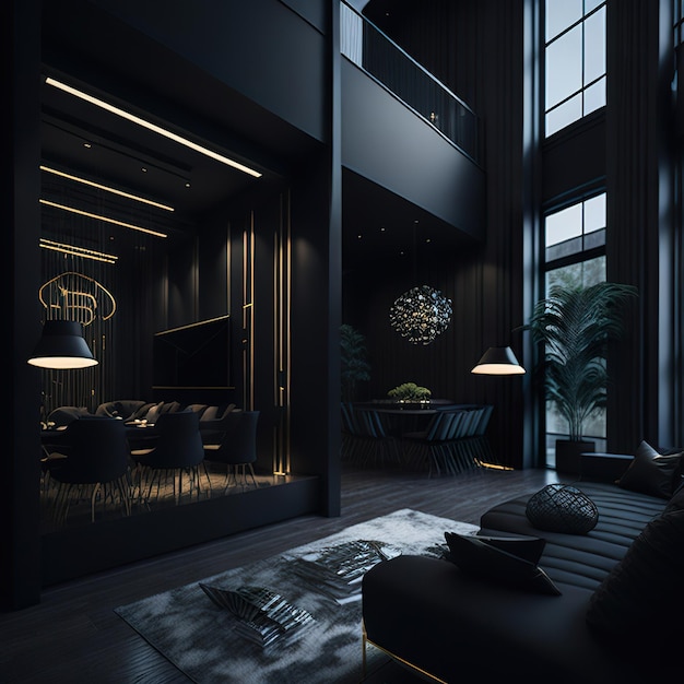 Czarny salon z wolną przestrzenią ze złotymi detalami