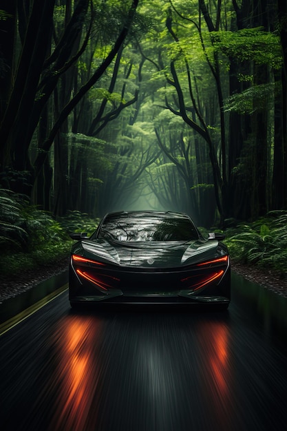 czarny samochód sportowy jeżdżący po drodze przez las