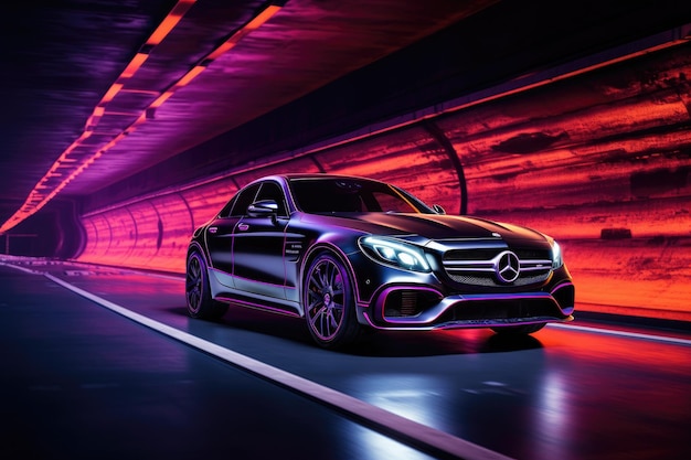 Czarny samochód sportowy na tle promieni świetlnych renderowanie 3d Samochód w tunelu z neonowym oświetleniem widok z przodu AI Generated